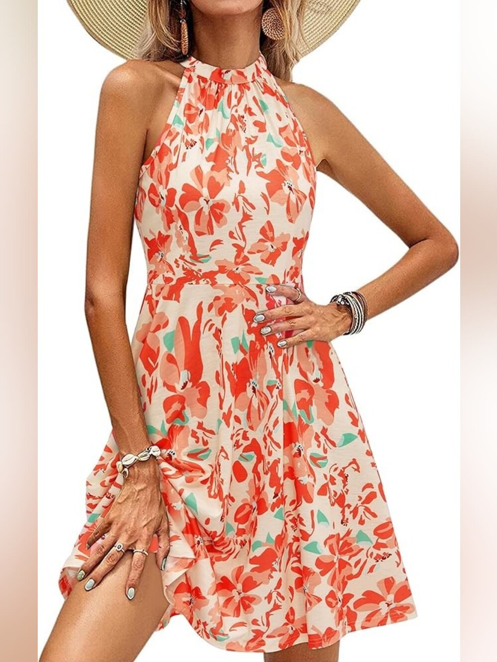 Coral OUGES Women's Halter Neck Summer Dress Size XL  A-Line Beach NWT - Picture 4 of 8